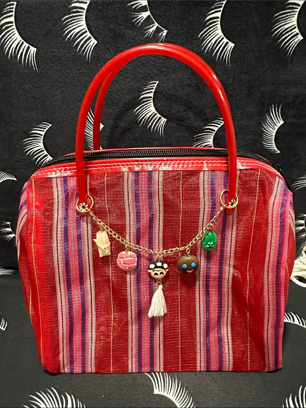 Colorful mercado Red Striped Women’s Tote Bag with Charms and mini bag keychain